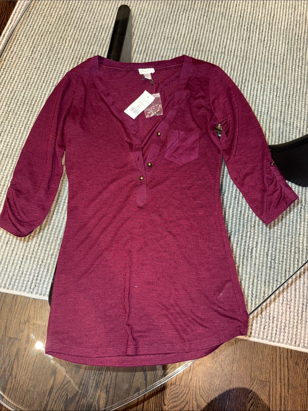 Dynamite Burgundy Henley Pocket Long Sleeve Top
